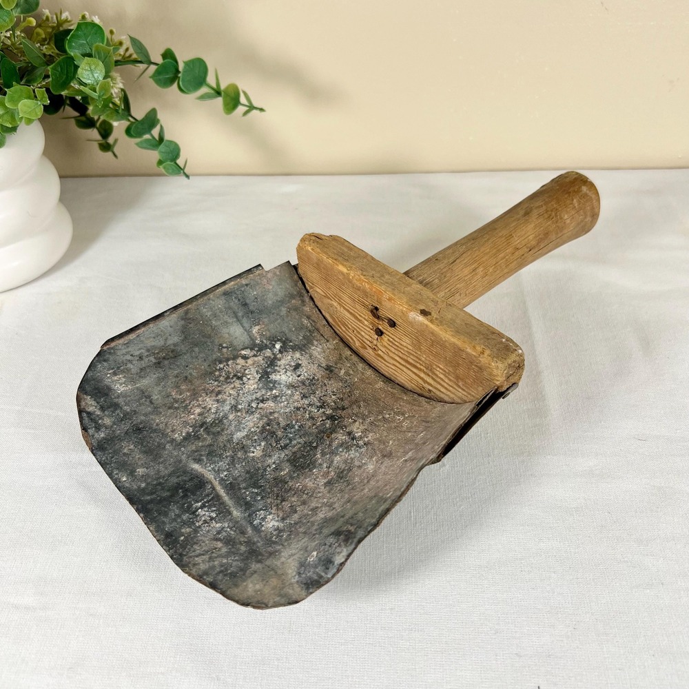 Antique Rustic Primitive Grain Feed Scoop With Wooden Handle